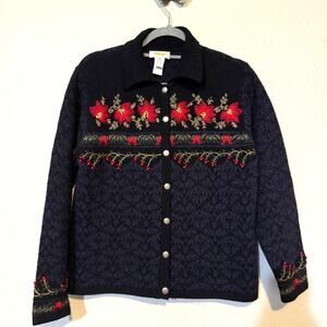 Talbots Petites Lambswool Silk Blend Poinsettia Christmas Sweater Medium